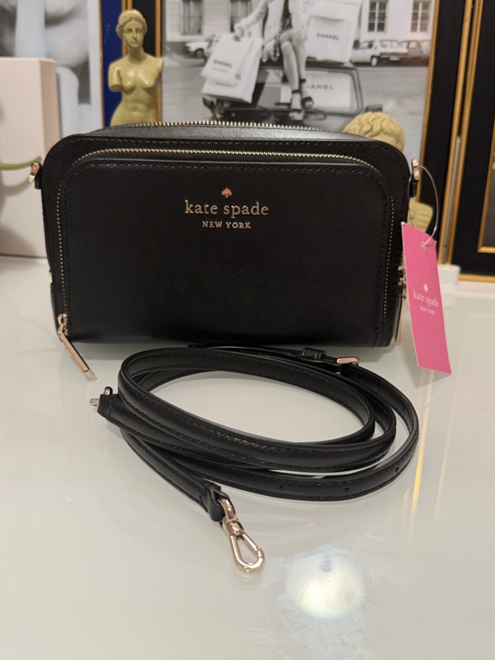 NWT Kate spade Black Leather Staci Dual Zip Around Crossbody with Gold Hardware